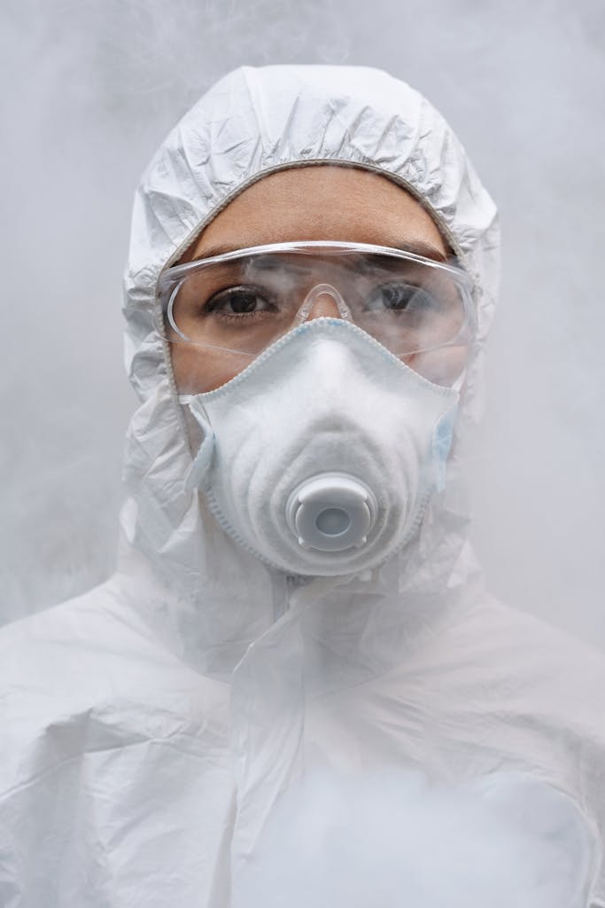 Close-up image of a person wearing protective gear, goggles, and a mask, surrounded by mist.